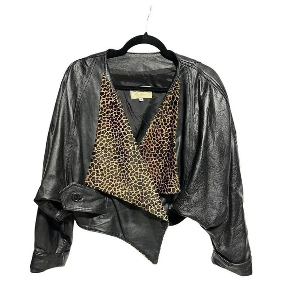 Giovinezza Moda Rocco D’Amelio BLACK LEATHER 80s Jacket Leopard Calf Hair Size M - Picture 3 of 12
